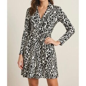 EXPRESS Women's Black White Leopard Print Wrap Collard Dress Size‎ 3 4